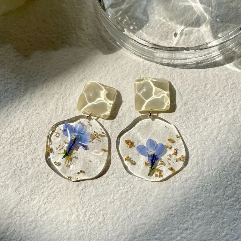 Blue Romantic Retro Drip Dried Flower Earrings-Jewearrings