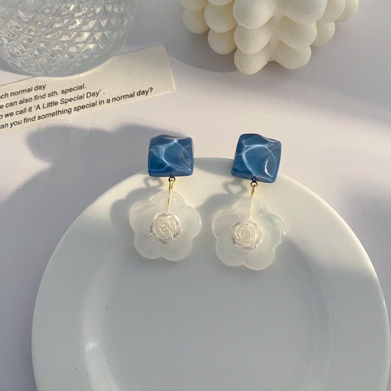 Blue Rose Flower Earrings With Super Resinous Studs-Jewearrings