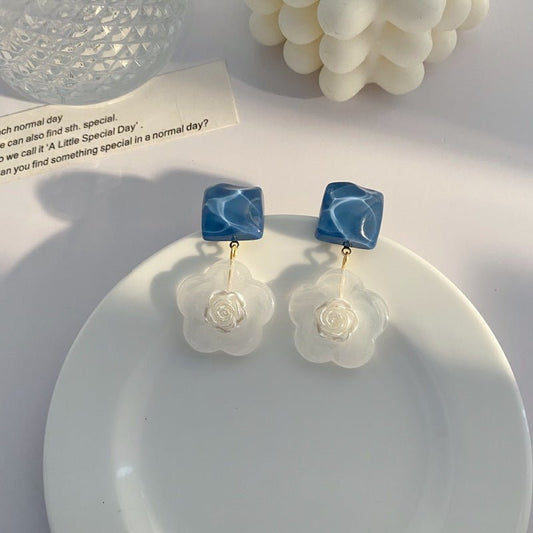 Blue Rose Flower Earrings With Super Resinous Studs-Jewearrings