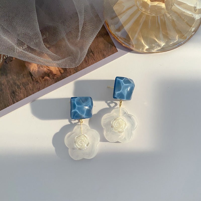 Blue Rose Flower Earrings With Super Resinous Studs-Jewearrings