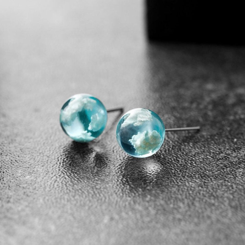 Blue sky and white clouds transparent spherical resin earrings-Jewearrings