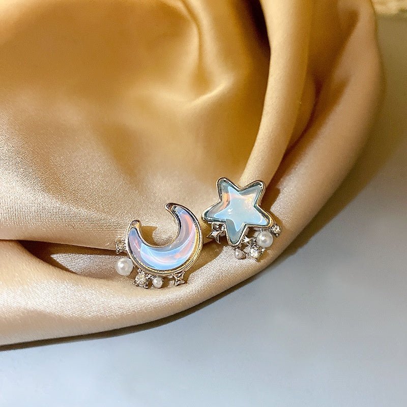 Blue Star Moon Pearl Stud Earrings Female Niche Design Temperament Personality-Jewearrings