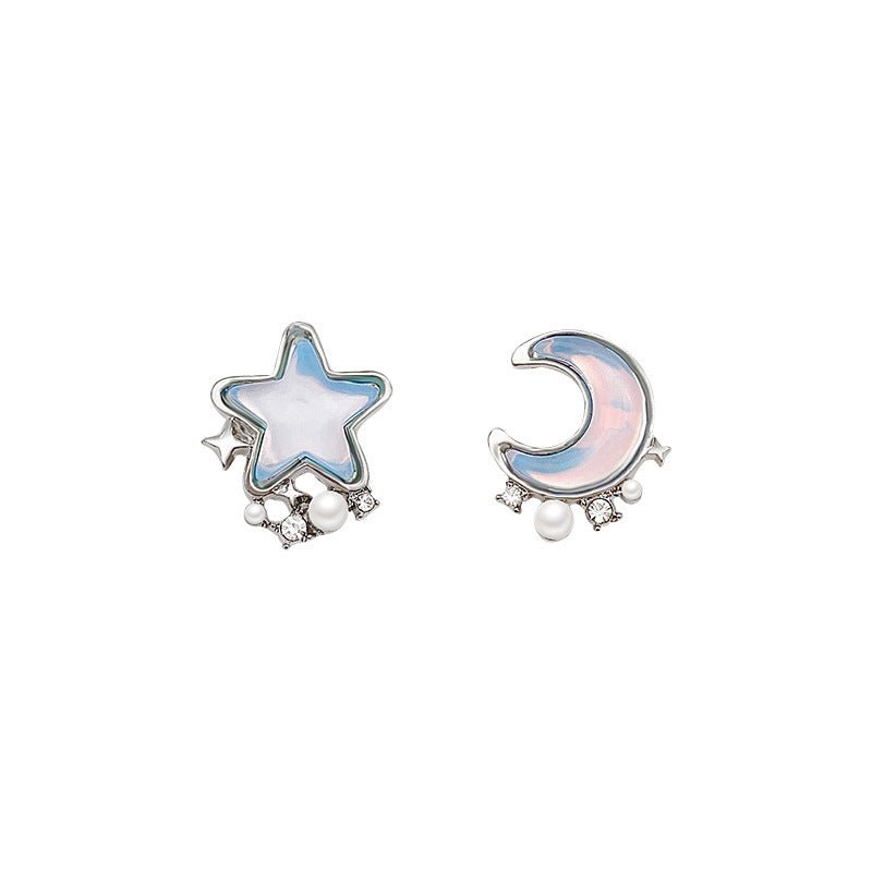 Blue Star Moon Pearl Stud Earrings Female Niche Design Temperament Personality-Jewearrings