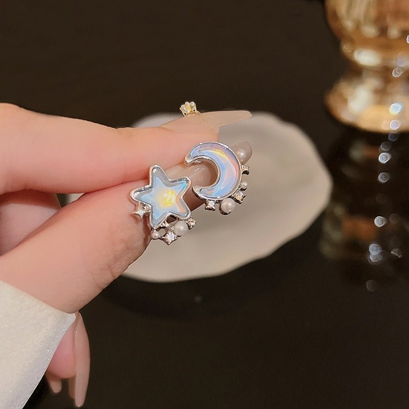 Blue Star Moon Pearl Stud Earrings Female Niche Design Temperament Personality-Jewearrings