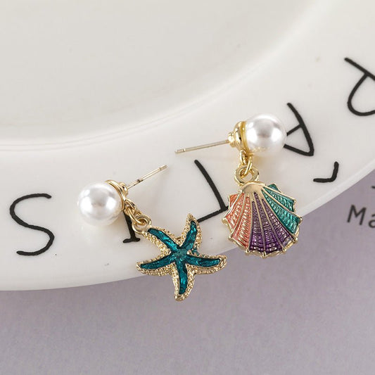 Blue starfish color shell earrings-Jewearrings