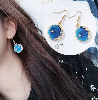 Blue stars moon earrings asymmetric planet geometry round long earrings ear clip women gift jewelry-Jewearrings