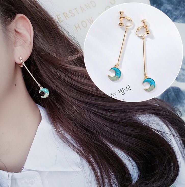 Blue stars moon earrings asymmetric planet geometry round long earrings ear clip women gift jewelry-Jewearrings