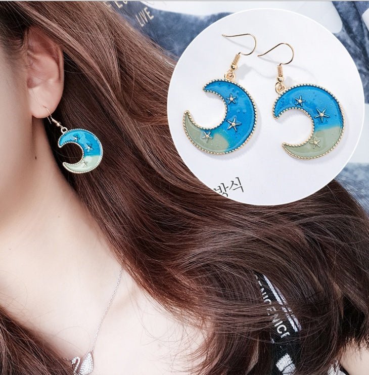 Blue stars moon earrings asymmetric planet geometry round long earrings ear clip women gift jewelry-Jewearrings