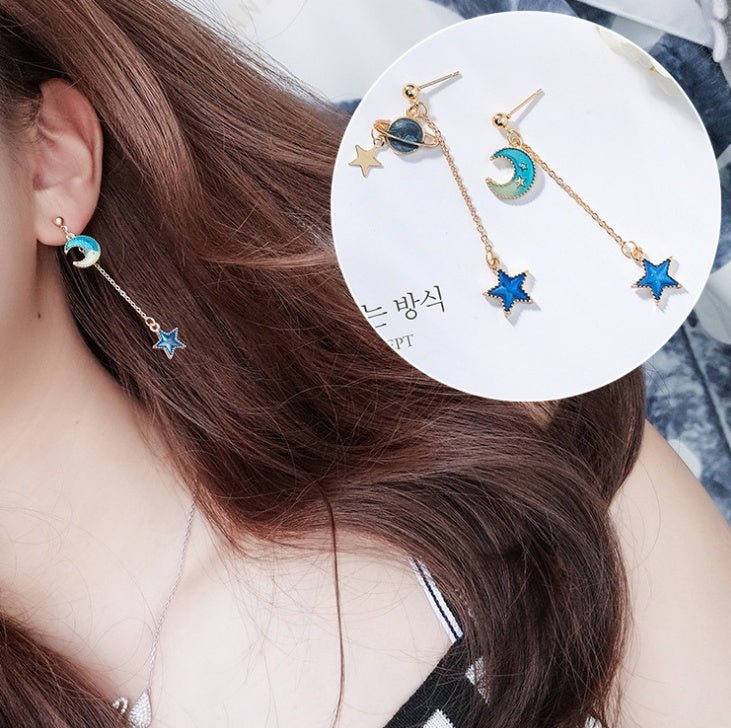 Blue stars moon earrings asymmetric planet geometry round long earrings ear clip women gift jewelry-Jewearrings