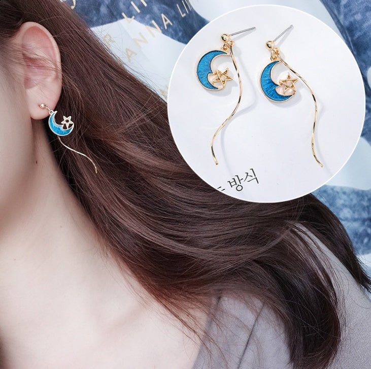 Blue stars moon earrings asymmetric planet geometry round long earrings ear clip women gift jewelry-Jewearrings