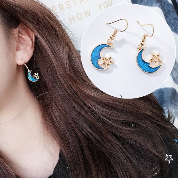 Blue stars moon earrings asymmetric planet geometry round long earrings ear clip women gift jewelry-Jewearrings