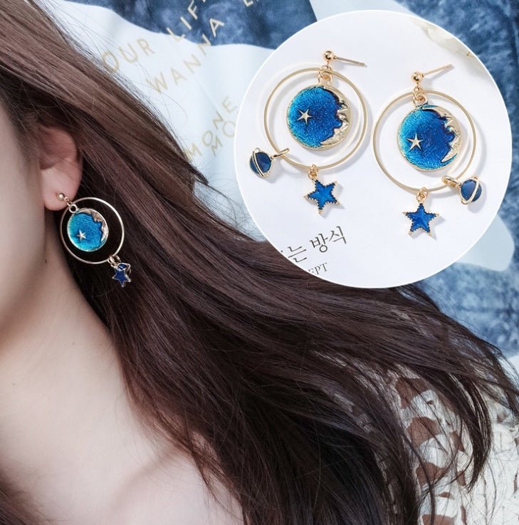 Blue stars moon earrings asymmetric planet geometry round long earrings ear clip women gift jewelry-Jewearrings