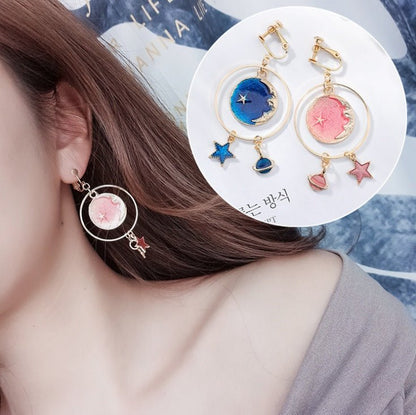 Blue stars moon earrings asymmetric planet geometry round long earrings ear clip women gift jewelry-Jewearrings