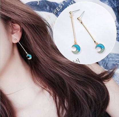 Blue stars moon earrings asymmetric planet geometry round long earrings ear clip women gift jewelry-Jewearrings