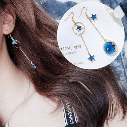 Blue stars moon earrings asymmetric planet geometry round long earrings ear clip women gift jewelry-Jewearrings