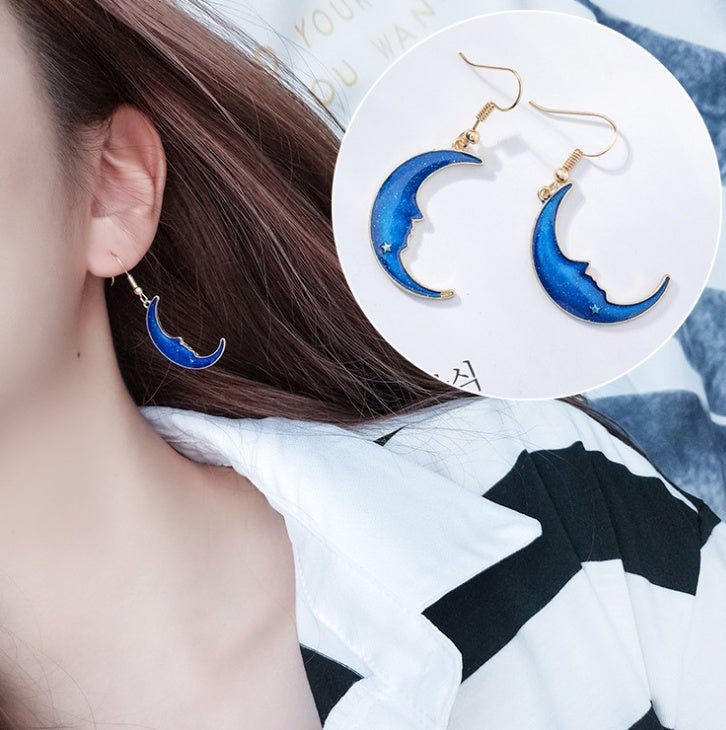 Blue stars moon earrings asymmetric planet geometry round long earrings ear clip women gift jewelry-Jewearrings