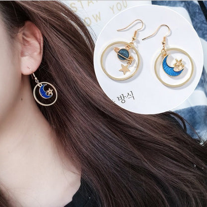 Blue stars moon earrings asymmetric planet geometry round long earrings ear clip women gift jewelry-Jewearrings