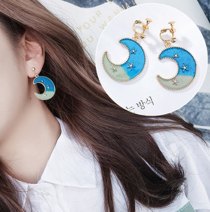 Blue stars moon earrings asymmetric planet geometry round long earrings ear clip women gift jewelry-Jewearrings