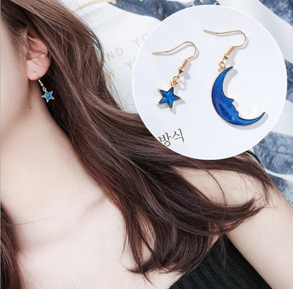 Blue stars moon earrings asymmetric planet geometry round long earrings ear clip women gift jewelry-Jewearrings