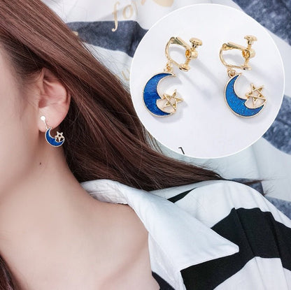 Blue stars moon earrings asymmetric planet geometry round long earrings ear clip women gift jewelry-Jewearrings