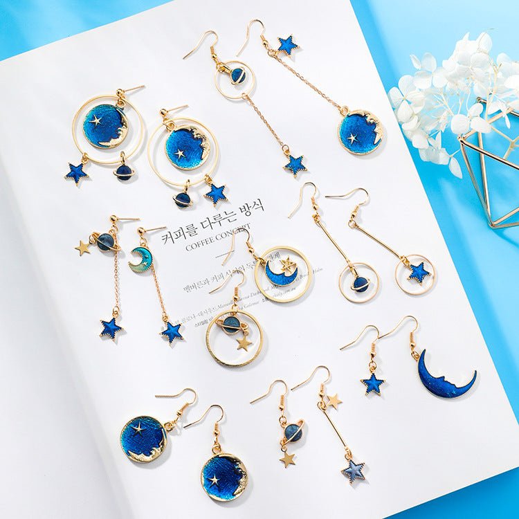 Blue stars moon earrings asymmetric planet geometry round long earrings ear clip women gift jewelry-Jewearrings