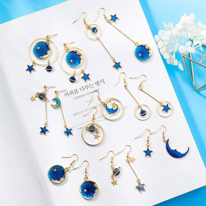 Blue stars moon earrings asymmetric planet geometry round long earrings ear clip women gift jewelry-Jewearrings