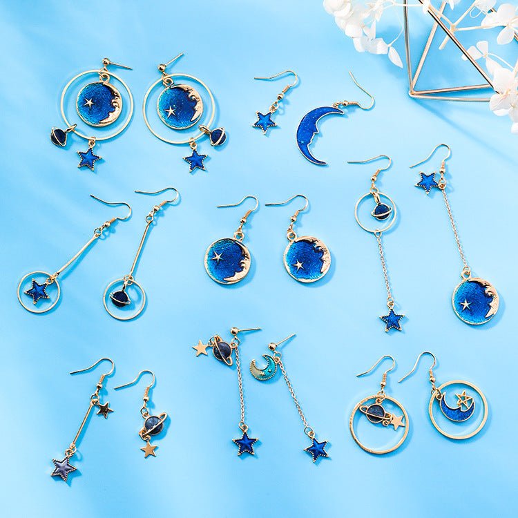 Blue stars moon earrings asymmetric planet geometry round long earrings ear clip women gift jewelry-Jewearrings