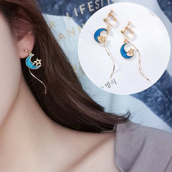 Blue stars moon earrings asymmetric planet geometry round long earrings ear clip women gift jewelry-Jewearrings