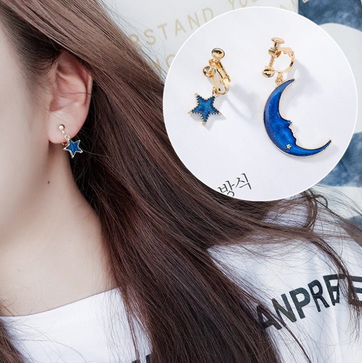 Blue stars moon earrings asymmetric planet geometry round long earrings ear clip women gift jewelry-Jewearrings