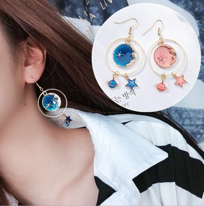 Blue stars moon earrings asymmetric planet geometry round long earrings ear clip women gift jewelry-Jewearrings