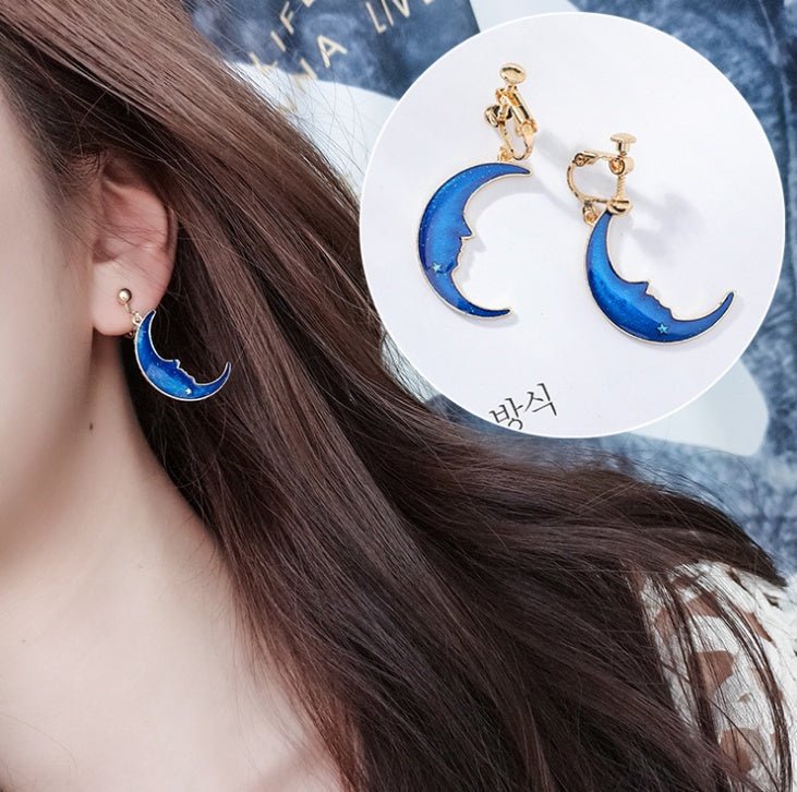 Blue stars moon earrings asymmetric planet geometry round long earrings ear clip women gift jewelry-Jewearrings