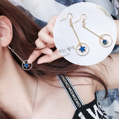 Blue stars moon earrings asymmetric planet geometry round long earrings ear clip women gift jewelry-Jewearrings