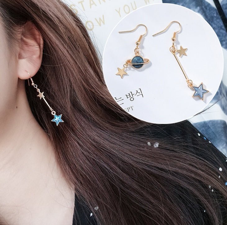 Blue stars moon earrings asymmetric planet geometry round long earrings ear clip women gift jewelry-Jewearrings