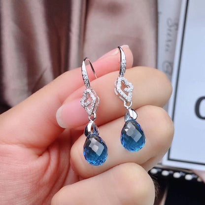 Blue Topaz Earrings Crystal Simple Sterling Silver Inlaid-Jewearrings