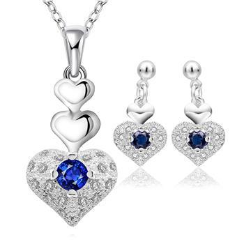 Blue zircon heart pendant necklace and earrings set-Jewearrings