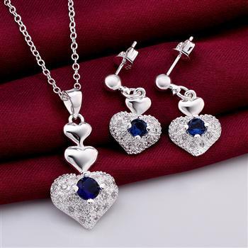 Blue zircon heart pendant necklace and earrings set-Jewearrings