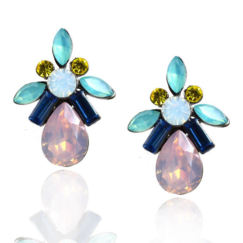 Bohemian Drop Shape Leaf Flower Alloy Diamond Stud Earrings-Jewearrings