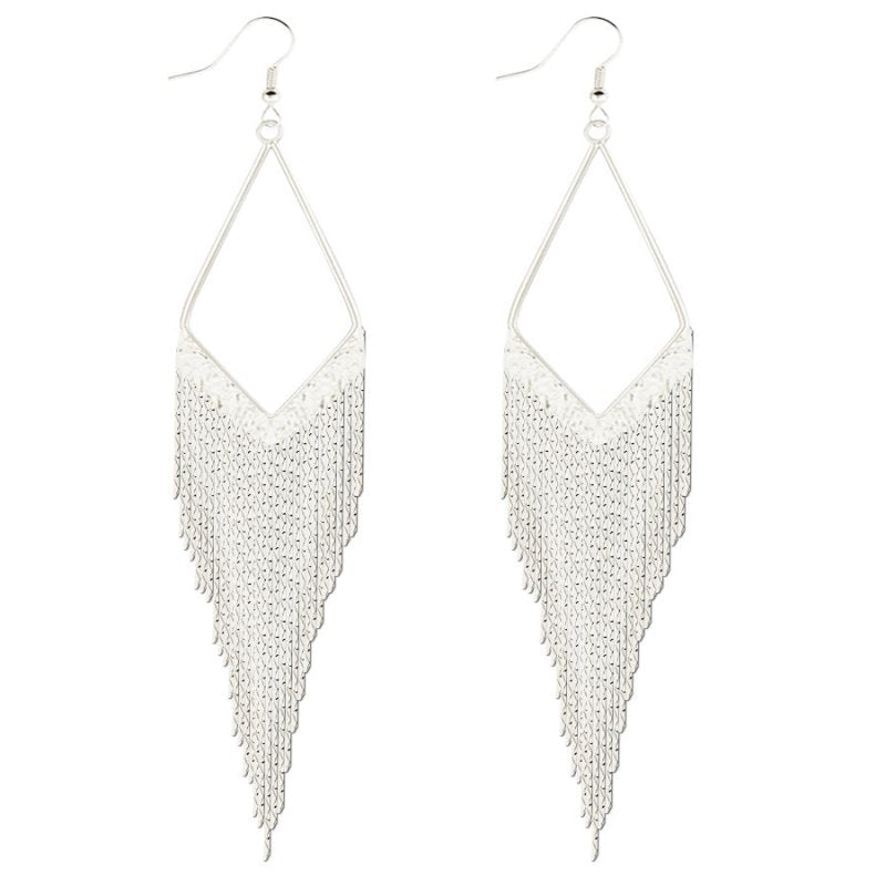 Bohemian Ethnic Style Gold And Silver Large Diamond-shaped Long Tassel Earrings-Jewearrings