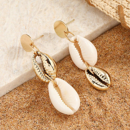 Bohemian Ins Style Seaside Holiday Golden Shell Stud Earrings-Jewearrings