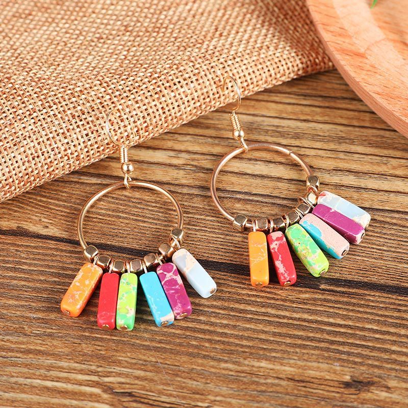 Bohemian Large Hoop Earrings Colorful Natural Turquoise Pendant Hoop-Jewearrings