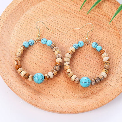 Bohemian Large Hoop Earrings Colorful Natural Turquoise Pendant Hoop-Jewearrings