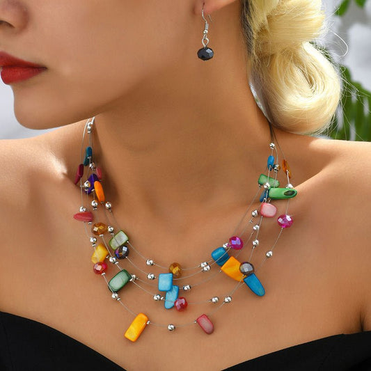 Bohemian Multi-layer Crystal Shell Earrings And Necklace Set-Jewearrings