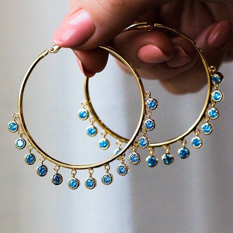 Boho Big Hoop Earrings Sea Blue Zircon Jewelry-Jewearrings