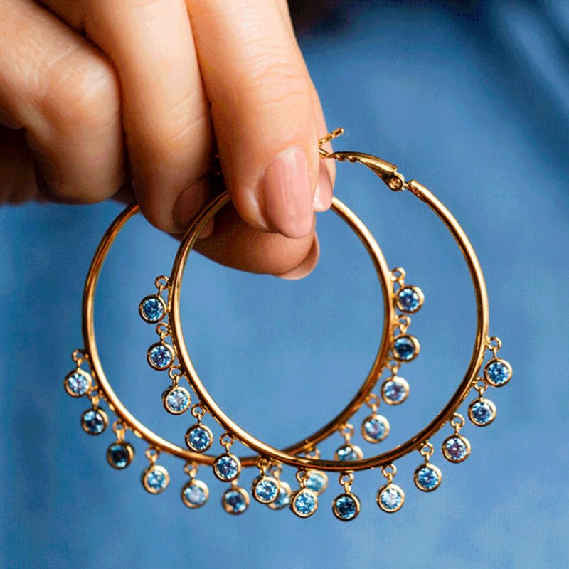 Boho Big Hoop Earrings Sea Blue Zircon Jewelry-Jewearrings