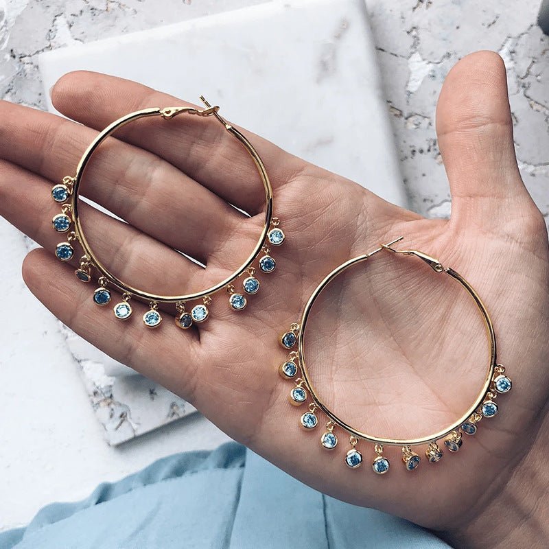 Boho Big Hoop Earrings Sea Blue Zircon Jewelry-Jewearrings