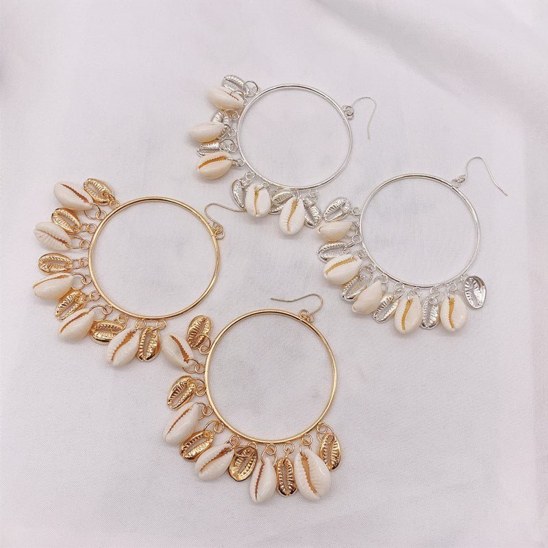 Boho Style Natural Shell Earrings Circle Tassel Pendant Earrings-Jewearrings