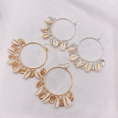 Boho Style Natural Shell Earrings Circle Tassel Pendant Earrings-Jewearrings