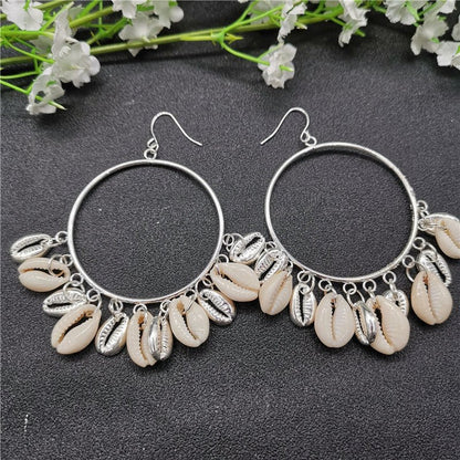 Boho Style Natural Shell Earrings Circle Tassel Pendant Earrings-Jewearrings