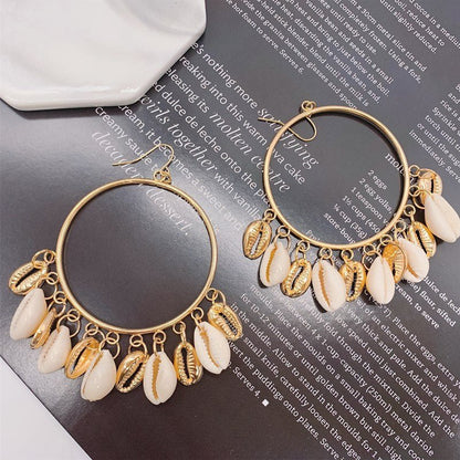 Boho Style Natural Shell Earrings Circle Tassel Pendant Earrings-Jewearrings