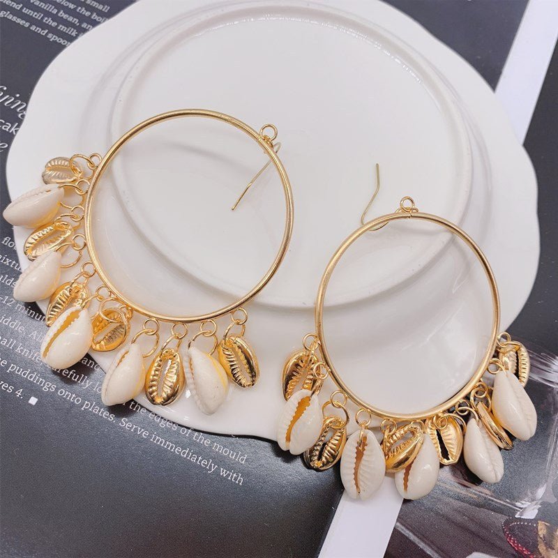 Boho Style Natural Shell Earrings Circle Tassel Pendant Earrings-Jewearrings